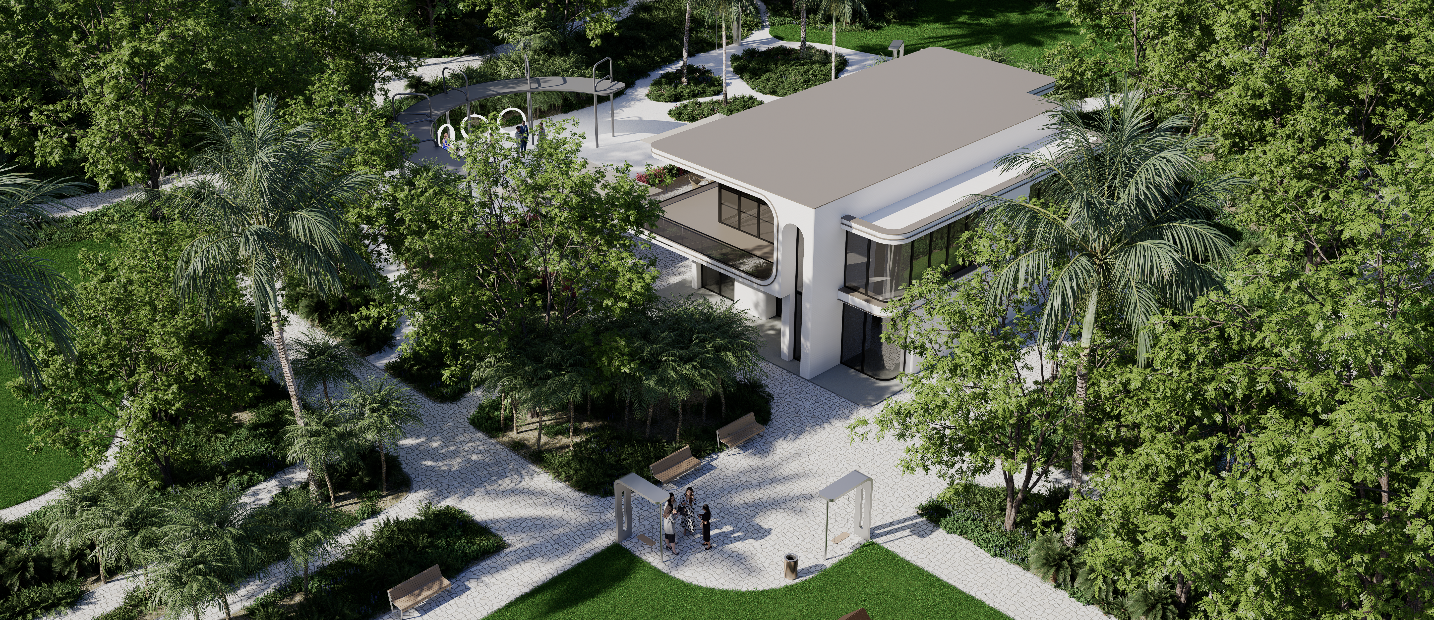 12.03 Common area. Building houses a cafe, spa, and fitness center.