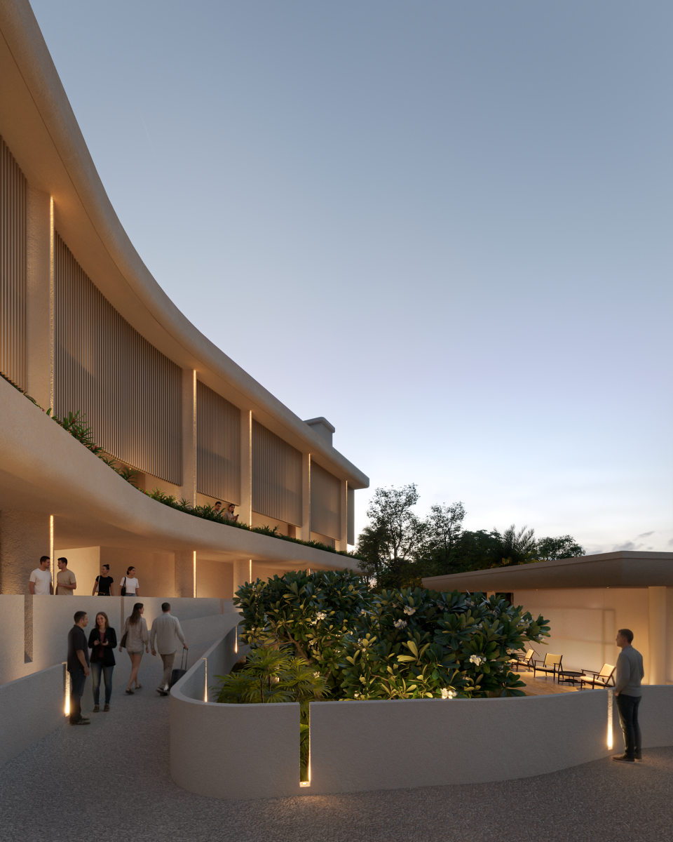 MEL A Exterior Dusk Facade North 2 People