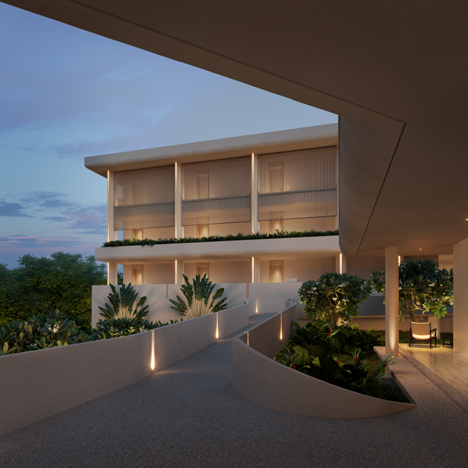 MEL A Exterior Dusk Facade North 1